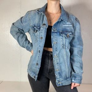 Distressed Blue Denim Button Down Jean Jacket